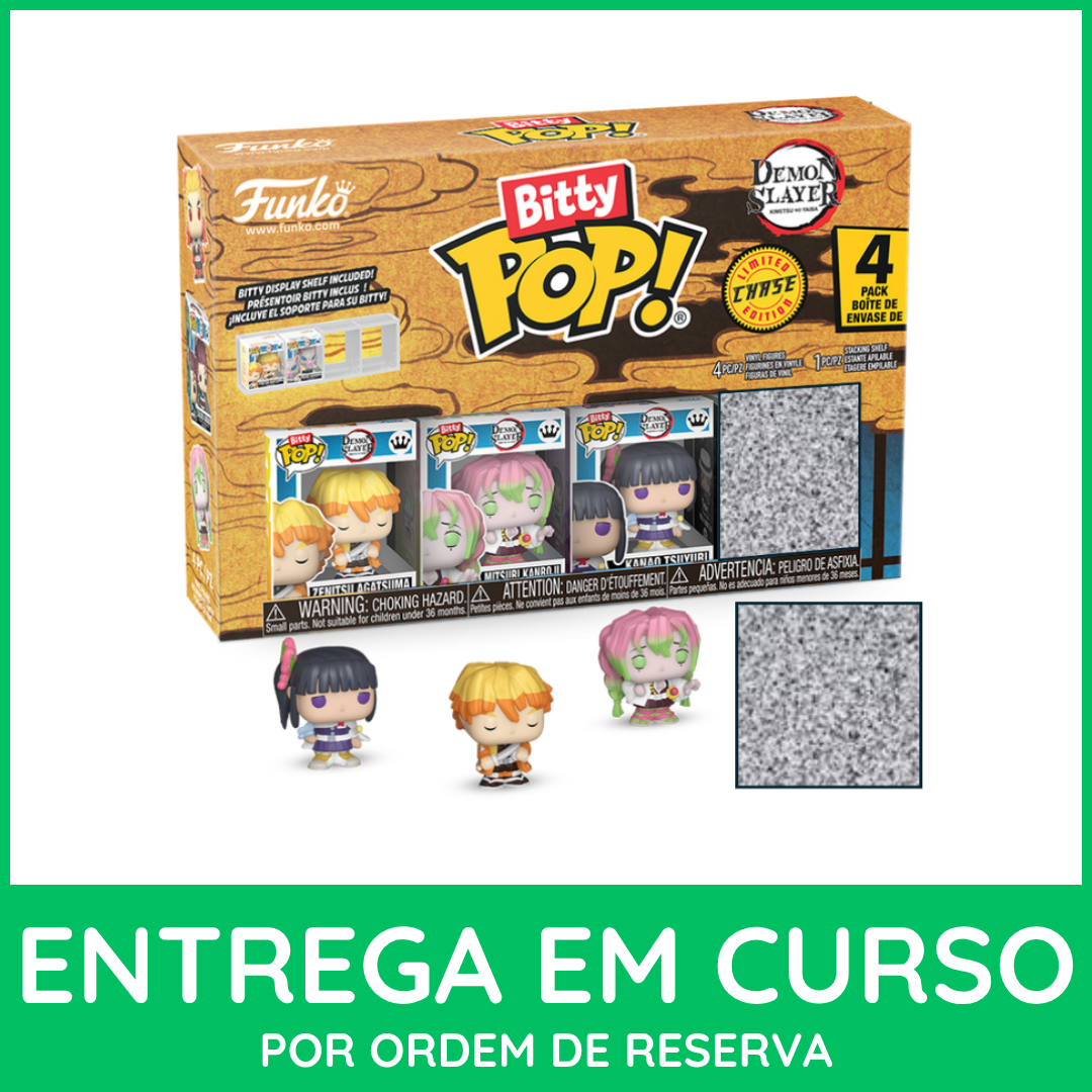 * PRÉ-RESERVA * Bitty POP! Demon Slayer (Zenitsu Agatsuma) Conjunto de 4 figuras Bitty Pop! Demon Slayer em caixa castanha com suporte transparente
