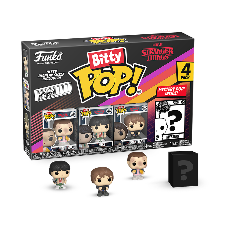 Bitty POP! Stranger Things 4 Pack (Eleven With Waffles) Pack Funko Pop! Bitty Stranger Things com quatro figuras e embalagem preta colorida