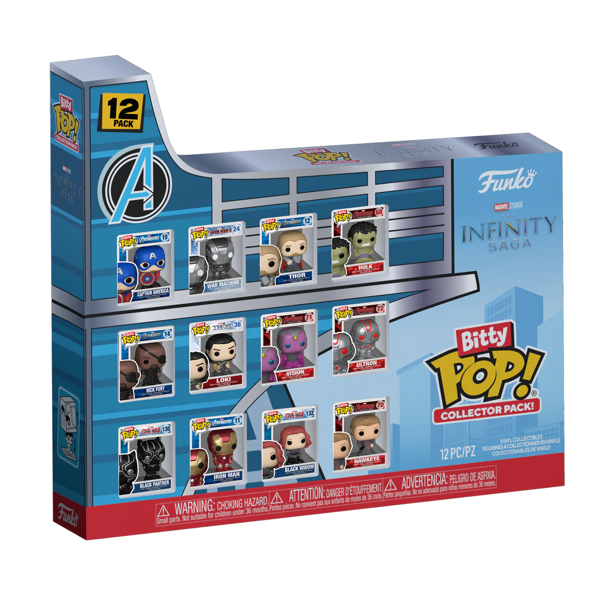 Embalagem de brinquedo Funko Bitty Pop! com 12 miniaturas de personagens Marvel Avengers