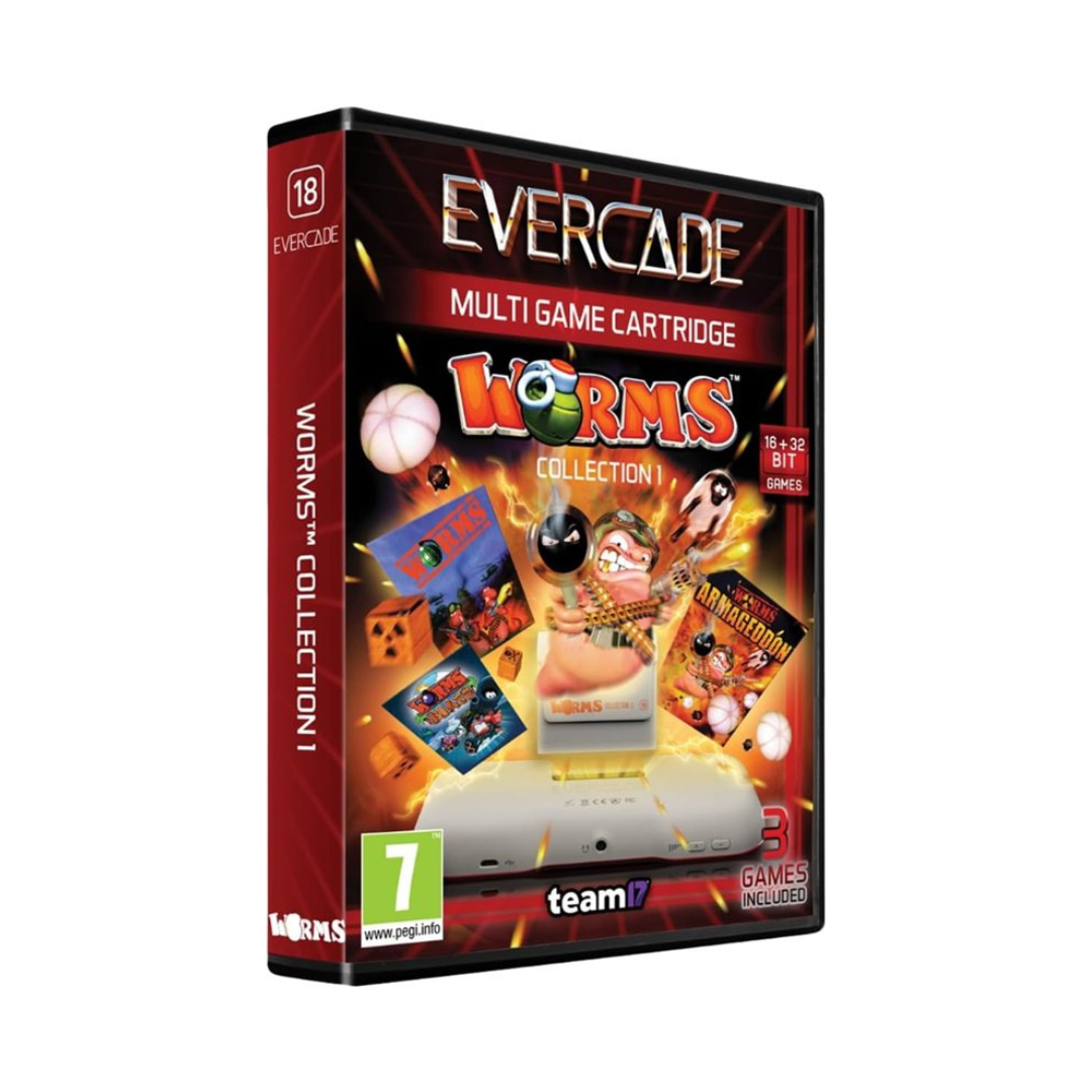 Cartucho com Jogos Worms Collection 1 Blaze Evercade #18 Caixa de videojogo Evercade Worms Collection 1 para consola com imagens de jogos e texto colorido