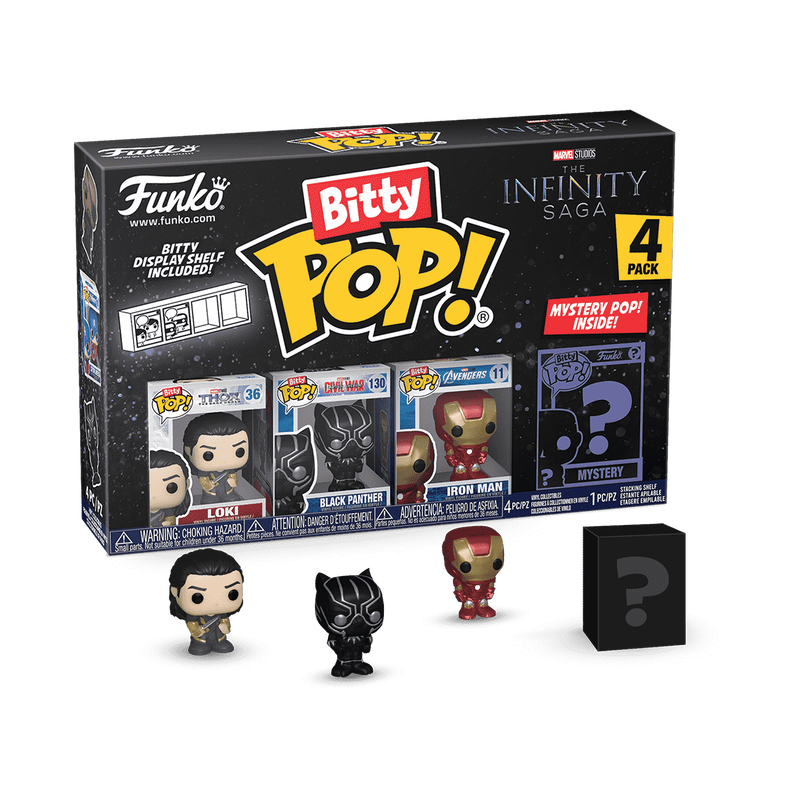 Bitty POP! Marvel The Infinity Saga 4 Pack Series 4 (Loki) Caixa com 4 figuras Funko Bitty Pop da Marvel com embalagem preta.