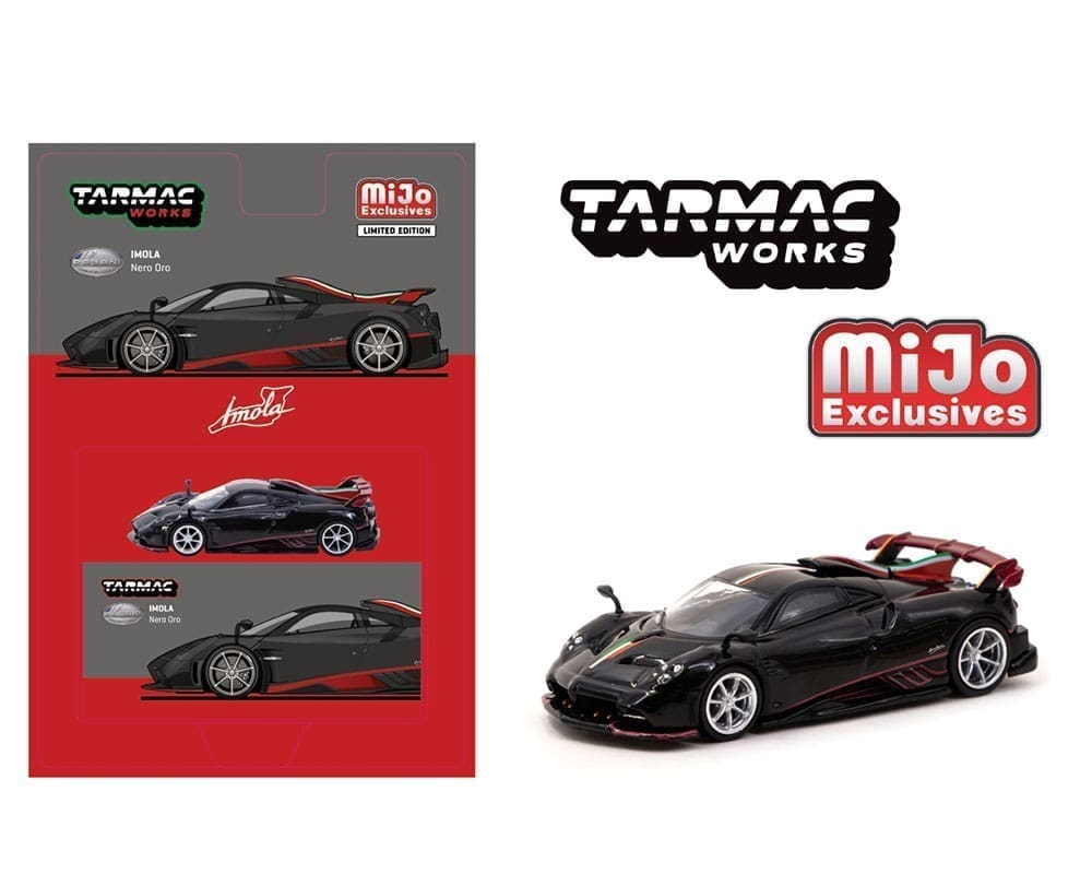 Miniatura de carro desportivo preto Imola Nero Oro em embalagem Tarmac Works MiJo Exclusives
