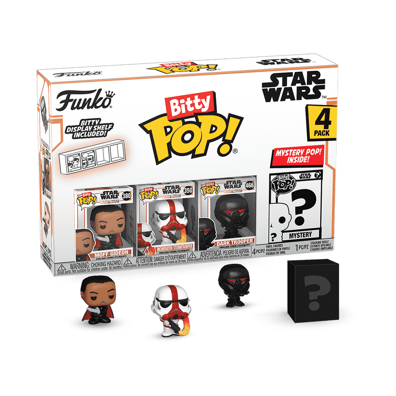 Bitty POP! Star Wars The Mandalorian (Moff Gideon) Pacote Funko Bitty Pop! Star Wars com 4 figuras, incluindo 3 visíveis e uma caixa misteriosa preta.