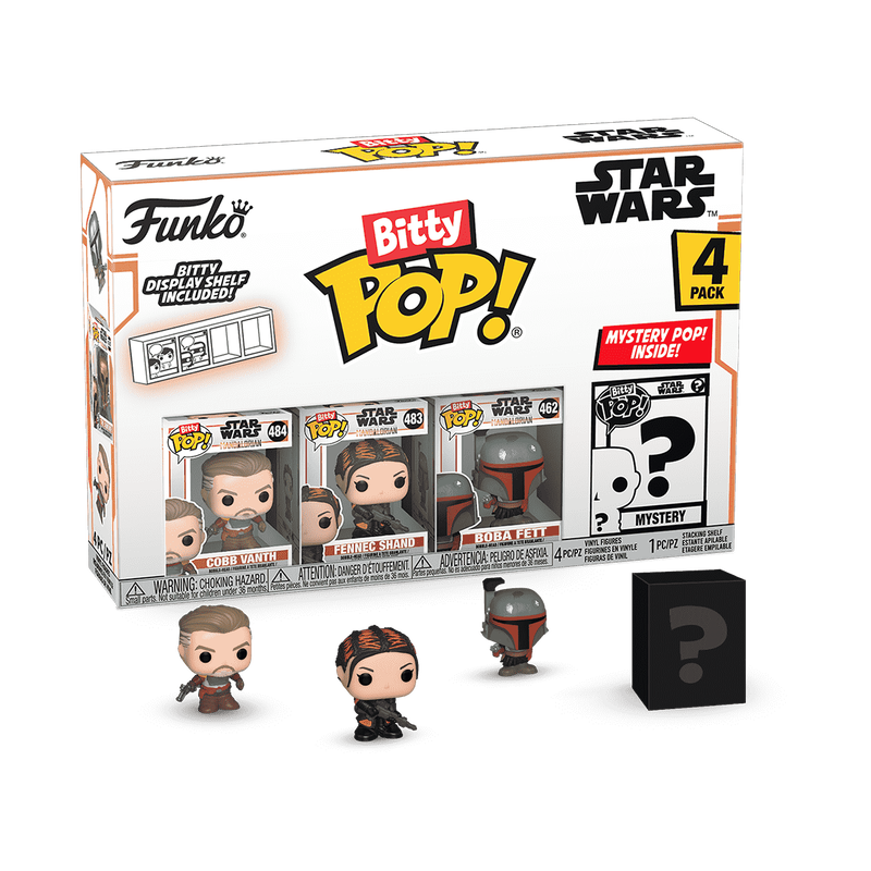 Bitty POP! Star Wars The Mandalorian (Cobb Vanth) Caixa com 4 figuras Funko Pop! Bitty Star Wars incluindo Anakin, Padmé, Boba Fett e figura misteriosa