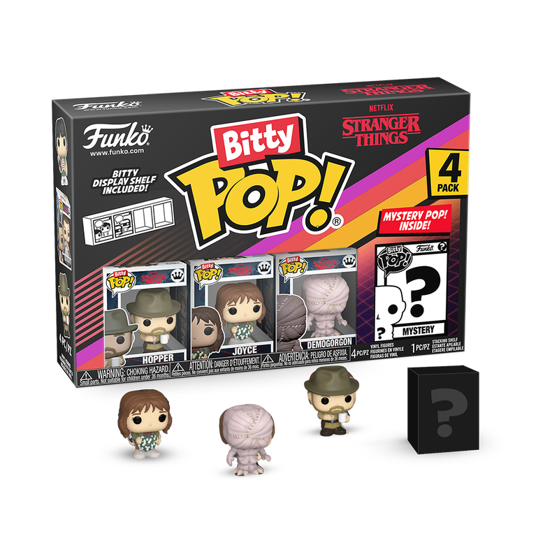 Bitty POP! Stranger Things 4 Pack (Hopper) Caixa Funko Pop Bitty Stranger Things com quatro figuras em miniatura e uma figura misteriosa