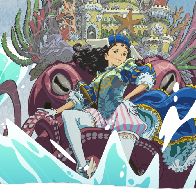 Ilustração colorida de jovem com traje azul e branco montada em polvo púrpura com castelo subaquático ao fundo