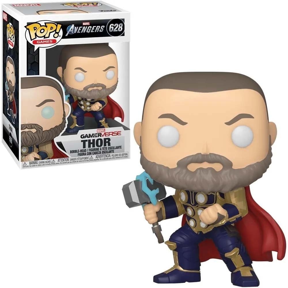 Figura Funko Pop do Thor com capa vermelha segurando martelo em frente à caixa Avengers 628 Gamerverse