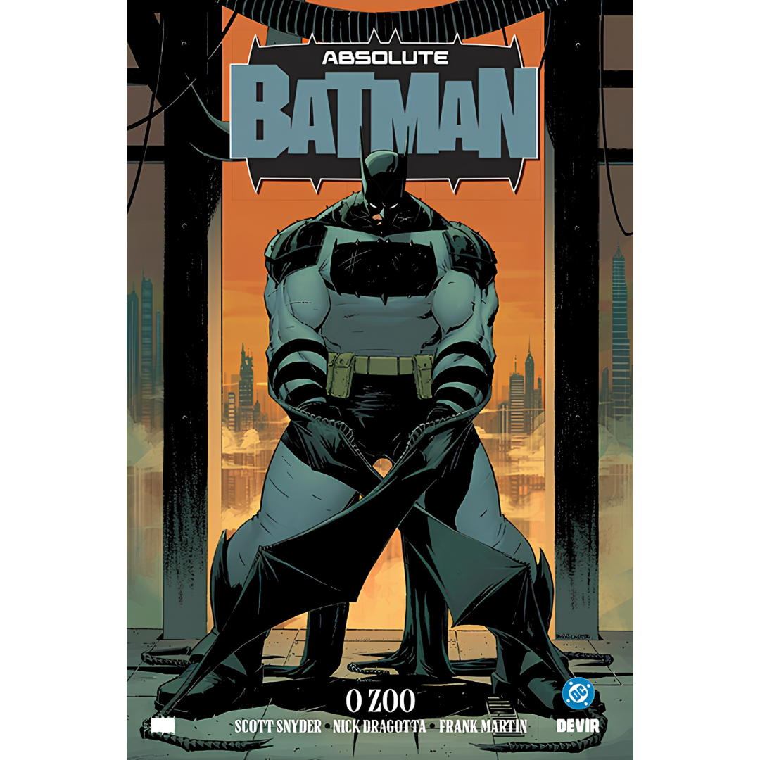 DC Absolute Batman: Zoo (Edição em Português) Capa da revista Absoluto Batman com imagem do Batman musculado em tons cinza e preto e texto visível