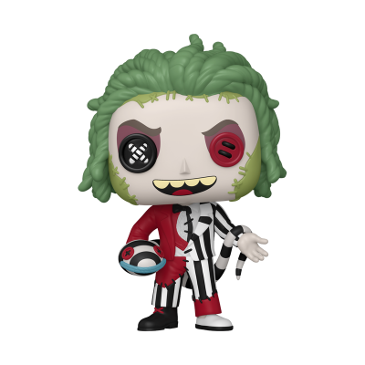 Figura colecionável estilo Funko Pop com cabelo verde trançado e roupa às riscas preto e branca e vermelha