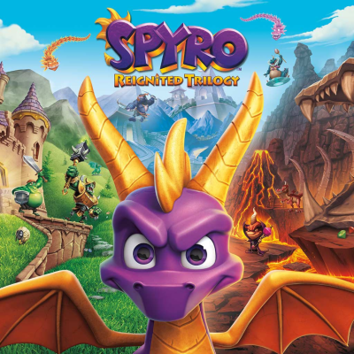 Capa do jogo Spyro Reignited Trilogy com dragão roxo e cenário dividido entre montanhas e vulcão