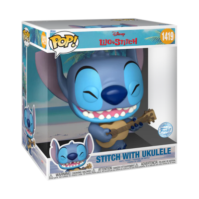 Figura Funko Pop de Stitch a tocar Ukulele em caixa transparente com fundo de praia