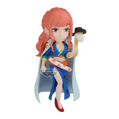 Figura de personagem feminina com roupa azul e cobra com chapéu