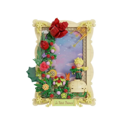 Moldura LEGO decorativa com flores e boneco de Le Petit Prince