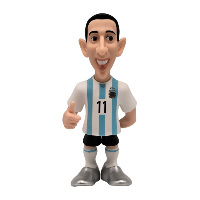 Boneco caricatural de jogador de futebol com camisola azul e branca, número 11 e chuteiras prateadas