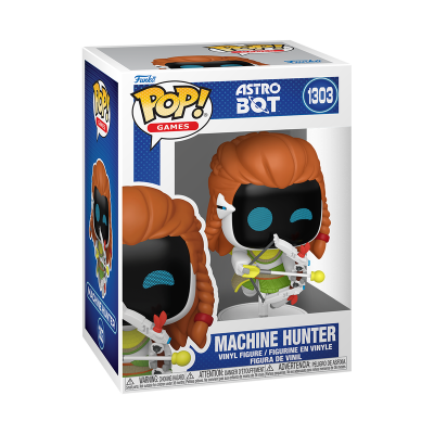 Figura Funko Pop Machine Hunter do jogo Astro Bot numa embalagem azul e branca.