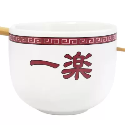 Tigela branca com padrão vermelho e caracteres chineses, com pauzinhos de madeira