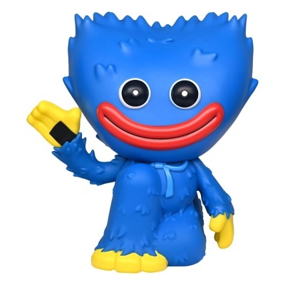 Figura de brinquedo azul com mãos e pés amarelos a acenar