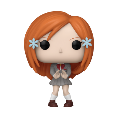 Figura Funko Pop personagem cabelo laranja com flores azuis, vestido cinzento e gravata vermelha