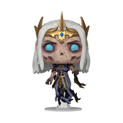 Figura Funko Pop com cabelo branco, olhos azuis e vestido roxo com dourado