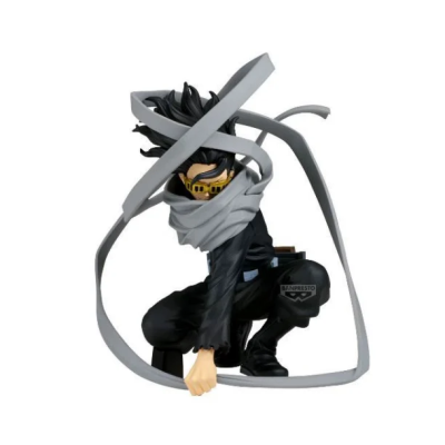 Figura colecionável de personagem com roupa preta e cachecol cinzento em agachamento