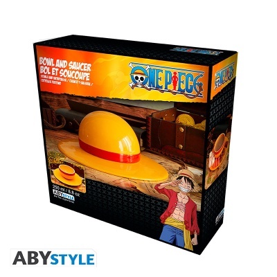 Caixa de prato com pires amarelo em forma de chapéu de palha com faixa vermelha temática One Piece