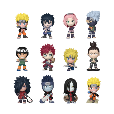 Figuras de ação estilizadas da série Naruto com várias cores e acessórios
