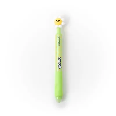 Caneta verde com tampa decorada com flor sorridente amarela e branca