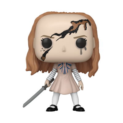 Figura Funko Pop de menina com vestido rosa e cabelo castanho claro segurando espada
