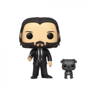 Figura Funko Pop de homem de fato e cão preto