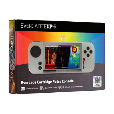 Caixa da consola retro portátil Evercade EXP-R com ecrã a cores e botões pretos e vermelhos