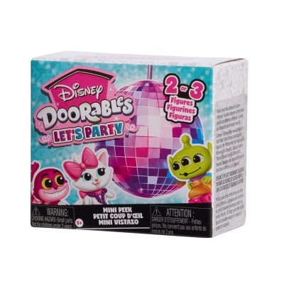 Caixa de brinquedo Disney Doorables Let's Party com personagens coloridos e texto informativo.