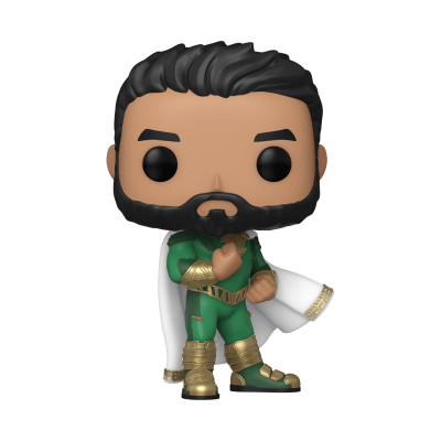 Figura Funko Pop de personagem masculino com fato verde, capa branca e detalhes dourados