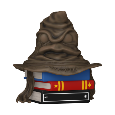 Estatueta de chapéu castanho sobre pilha de três livros coloridos