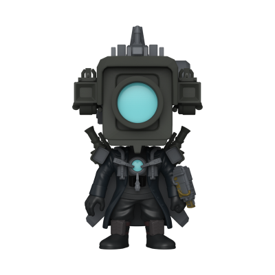 Figura Funko Pop personagem com visor circular azul e roupa preta futurista