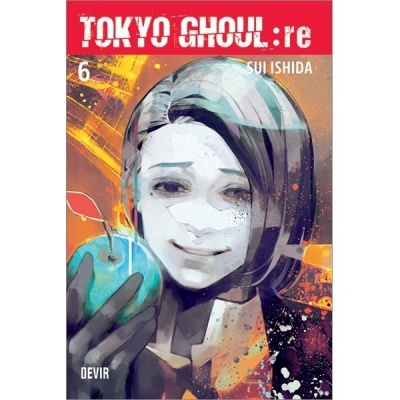 Capa do livro Tokyo Ghoul: re, volume 6, com ilustração de mulher segurando maçã azul