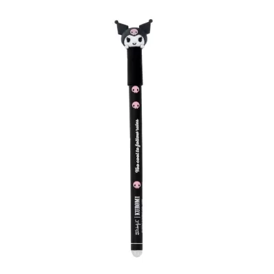 Caneta preta com decoração de caveiras cor-de-rosa e personagem Kuromi no topo