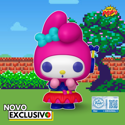 Figura Funko Pop personagem com cabeça rosa e vestido vermelho em fundo pixelizado