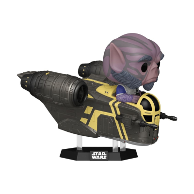 Figura Funko Pop personagem Star Wars com nave preta e amarela sobre base preta