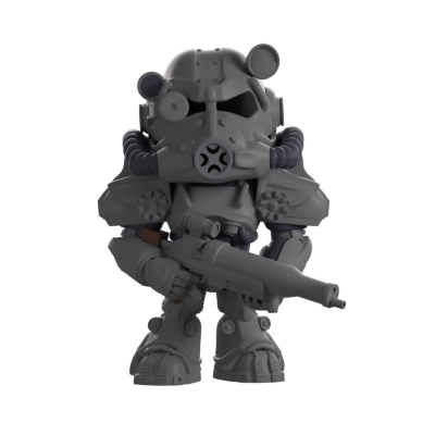 Figura colecionável personagem com armadura futurista cinzenta escura segurando arma