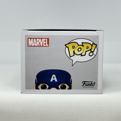 Caixa Funko Pop Capitão América com máscara azul e logótipos MARVEL e POP!