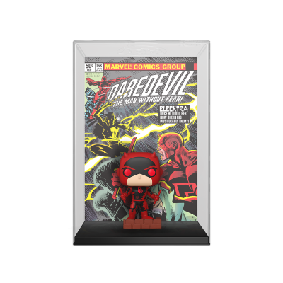 Figura Funko Pop Daredevil vermelha com caixa transparente e banda desenhada Marvel