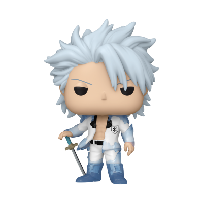 Funko Pop personagem com cabelo branco, roupa branca e azul, segurando espada