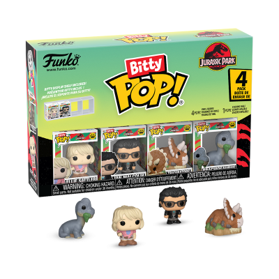 Conjunto Funko Bitty Pop! Jurassic Park com quatro figuras em vinil dentro de caixa com suporte para exposição.