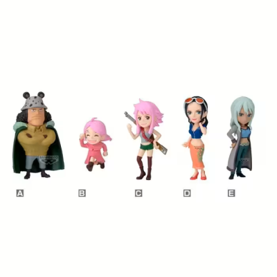 Cinco figuras colecionáveis de anime em fila com letras A a E, fundo branco.