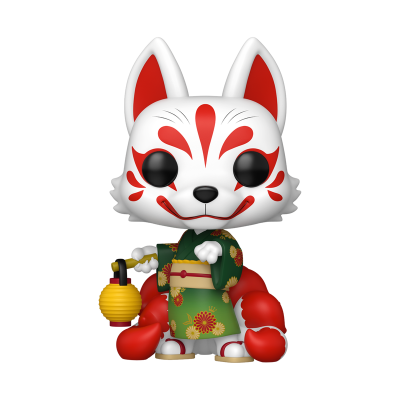 Boneco Funko Pop de raposa com quimono verde e lanterna amarela