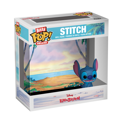 Figura Stitch em vinil numa caixa ilustrada de paisagem tropical
