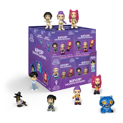 Caixa roxa e figuras em vinil de personagens de KPOP Demon Hunters em diferentes cores e estilos