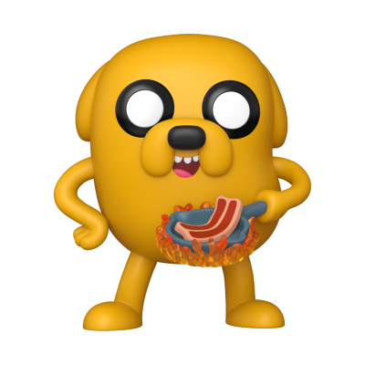 Figura amarela de cão a segurar frigideira com bacon e fogo