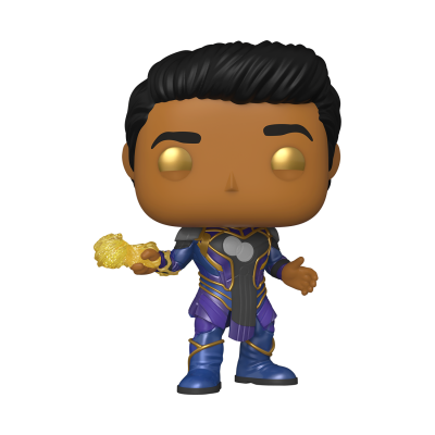 Boneco Funko Pop com traje azul e dourado segurando objeto luminoso