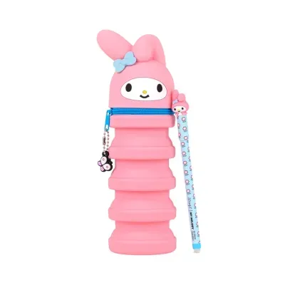 Estojo de silicone rosa com formato de personagem coelho e caneta azul com padrão de flores